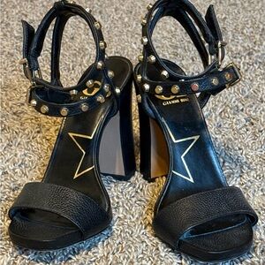 Black Studded Leather Block Heel Sandals